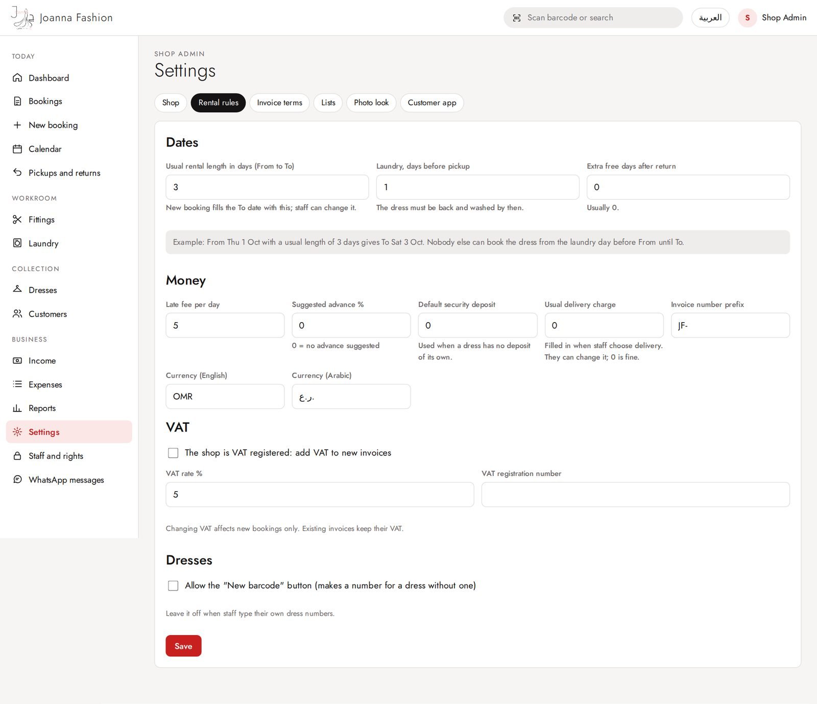 Settings: rental rules